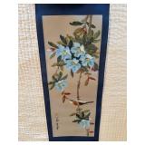 Asian Hand Painted Hanging Scroll Bird & Blue Flowers Wall Art