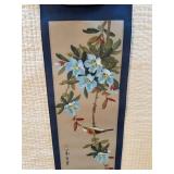 Asian Hand Painted Hanging Scroll Bird & Blue Flowers Wall Art