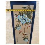 Asian Hand Painted Hanging Scroll Bird & Blue Flowers Wall Art