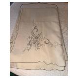 Vintage Cream Linen Tablecloth Cutwork Floral Scalloped 72x48
