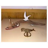 Coastal Decor Lot Wood Fishing Boat Brass Whale Opener Bird Sculptures