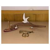 Coastal Decor Lot Wood Fishing Boat Brass Whale Opener Bird Sculptures