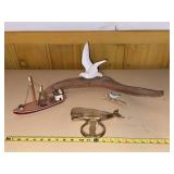 Coastal Decor Lot Wood Fishing Boat Brass Whale Opener Bird Sculptures