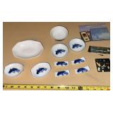 Asian Porcelain Koi Dish Assortment with Tile & Scenic Paper Ephemera