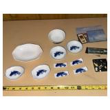 Asian Porcelain Koi Dish Assortment with Tile & Scenic Paper Ephemera