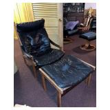 Scandinavian Mid Century Modern Hunter Lounge Chair & Ottoman Black Leather Oak Frame