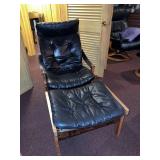 Scandinavian Mid Century Modern Hunter Lounge Chair & Ottoman Black Leather Oak Frame