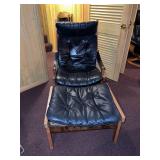 Scandinavian Mid Century Modern Hunter Lounge Chair & Ottoman Black Leather Oak Frame