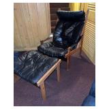 Scandinavian Mid Century Modern Hunter Lounge Chair & Ottoman Black Leather Oak Frame