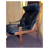 Scandinavian Mid Century Modern Hunter Lounge Chair & Ottoman Black Leather Oak Frame