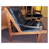 Vintage Scandinavian Modern Hunter MCM Leather Sling Lounge Chair Wood Frame
