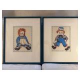 Raggedy Ann & Raggedy Andy - Signed Artwork Judy Hagstrom 1968 Framed Pair