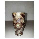 Unmarked Studio Art Pottery Leaf Decor Vase Brown Cream 6.5in