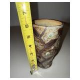 Unmarked Studio Art Pottery Leaf Decor Vase Brown Cream 6.5in