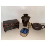 Asian Decorative Objects Mixed Lot - Lacquer Box, Vase, Teapot & Figurines