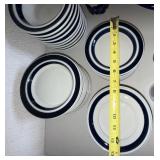 Arabia Finland Anemone Pattern Ceramic Dinnerware Set Cobalt Blue and Warm White Banded Plates Bowls