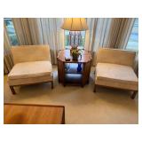 Vintage MCM Pair of Armless Upholstered Slipper Chairs Cane Back Wood Frame