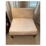 Vintage MCM Pair of Armless Upholstered Slipper Chairs Cane Back Wood Frame