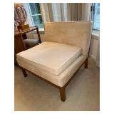 Vintage MCM Pair of Armless Upholstered Slipper Chairs Cane Back Wood Frame
