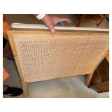 Vintage MCM Pair of Armless Upholstered Slipper Chairs Cane Back Wood Frame