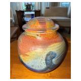 Studio Art Pottery Covered Jar Earth Tone Drip Glaze 8in