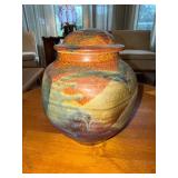 Studio Art Pottery Covered Jar Earth Tone Drip Glaze 8in