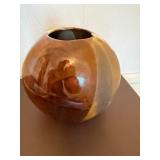 Signed Studio Pottery Globe Vase Brown Raku Style Art Ceramic 9in