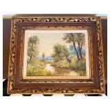 Signed Impressionist Landscape Oil Painting in Carved Wood Frame