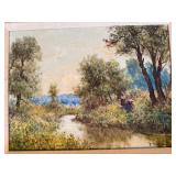 Signed Impressionist Landscape Oil Painting in Carved Wood Frame