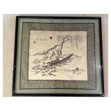 Framed Chinese Silk Embroidery River Scene Textile Wall Art