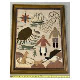 Framed Needlepoint  Folk Art from Newfoundland Nautical Outdoor Scene - Circa 1959