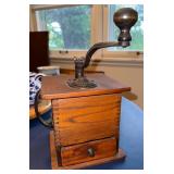 Vintage Wooden Coffee Grinder With Hand Crank and Drawer