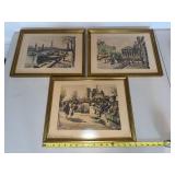 Set of 3 Vintage Framed Paris Street Scene Prints Gold Tone Frames