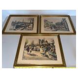 Set of 3 Vintage Framed Paris Street Scene Prints Gold Tone Frames