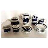 Arabia Finland Anemone Cobalt Blue and White Tea Coffee Set Cups Saucers Pottery