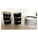 Arabia Finland Anemone Cobalt Blue and White Tea Coffee Set Cups Saucers Pottery