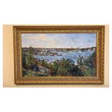 Signed Coastal Harbor Landscape Oil Painting of Gloucester, MA in Ornate Gilt Frame