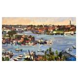 Signed Coastal Harbor Landscape Oil Painting of Gloucester, MA in Ornate Gilt Frame