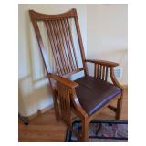 Mission Style Oak High Back Armchair Maroon Leather Seat