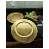 Gold Charger Plates & Art Glass Leaf Serving Dishes Decor Lot