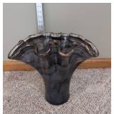 Murano Ruffled Art Glass Vase Smoky Gray Swirl 12x13in