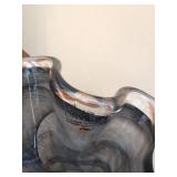 Murano Ruffled Art Glass Vase Smoky Gray Swirl 12x13in
