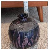 Unmarked Studio Pottery Raku Vase Iridescent Purple Black Bottle Form