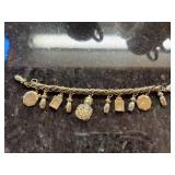 Vintage Gold Tone Charm Bracelet Tassels Number Charms Perfume Bottle