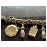 Vintage Gold Tone Charm Bracelet Tassels Number Charms Perfume Bottle