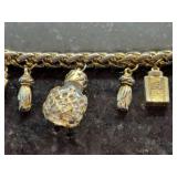 Vintage Gold Tone Charm Bracelet Tassels Number Charms Perfume Bottle