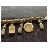 Vintage Gold Tone Charm Bracelet Tassels Number Charms Perfume Bottle
