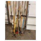 Assorted Yard & Garden Hand Tools Shovels Rakes Hoe Broom Mop