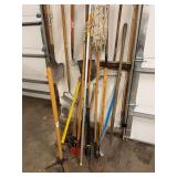 Assorted Yard & Garden Hand Tools Shovels Rakes Hoe Broom Mop