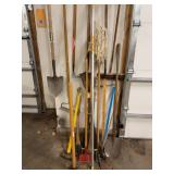 Assorted Yard & Garden Hand Tools Shovels Rakes Hoe Broom Mop